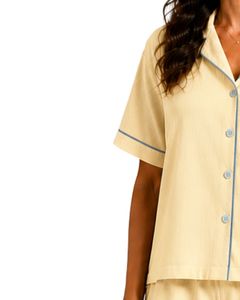 Ensemble de pyjama personnalisé jaune clair pour femme, manches courtes, boutonné, vêtements de nuit doux et respirants, tenue décontractée d'été - Product Image 4
