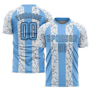Maillot de football personnalisé pour homme, bleu et blanc rayé, sublimé, anti-transpiration, manches courtes, uniforme adulte, vêtements de sport toutes saisons - Product Image 2