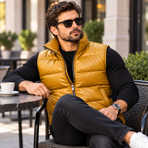 Chaleco de Cuero Genuino para Hombre, Acolchado, Cortavientos y Transpirable para Otoño |   Proveedor Mayorista |   Proveedor Mayorista de Chalecos Acolchados - Product Image 3