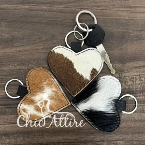 Personalized Handcrafted Genuine Cowhide Leather Keychain Elegant Hair On Hide Heart Pattern Metal Key <b>Ring</b> Gift for Women's - Product Image 1