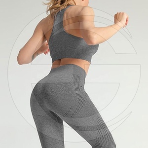 Women's Gray Seamless Yoga Set High Waist Full Length Leggings <b>Crop</b> <b>Top</b> Racerback Scoop Neck Breathable Mesh Sports Wear - Product Image 2