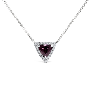 Collier en or blanc massif 18 carats avec pierre précieuse spinelle violette naturelle taille trillian facettée et diamant naturel rond, bijoux fins - Product Image 3