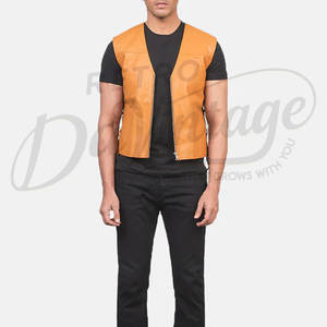 Chaleco de Cuero Genuino Amarillo Mostaza Personalizado para Hombre, Corte Ajustado, Cuello en V, Cierre de Cremallera, Sin Mangas, Estilo Motero - Product Image 4