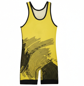 <b>Men's</b> Yellow <b>Wrestling</b> <b>Singlet</b> with Black Abstract Print Fitted Spandex Polyester Moisture Wicking 220gsm Durable Breathable - Product Image 2
