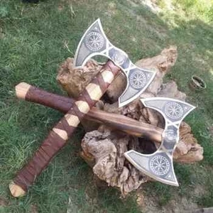 Tête de hache en acier à haute teneur en carbone de qualité industrielle, 5 lames coupantes, manche en bois de rose avec poignée en cuir - Hache ZA DAMASCUS MAKERS - Product Image 1