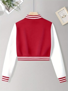 Custom Womens Cropped Varsity <b>Jacket</b> Red <b>White</b> Contrast Streetwear Snap Button OEM Design <b>Short</b> Length Solid Color Block - Product Image 3