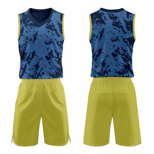 Camiseta de Baloncesto Sublimada Azul Unisex con Pantalones Cortos Amarillos, Absorbente de Humedad, Cuello en V sin Mangas, Corte Regular, para Todas las Temporadas - Product Image 1