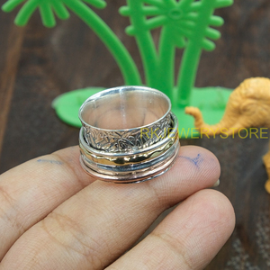 Anillo Giratorio Hecho a Mano de Plata de Ley 925, Latón y Cobre, Anillo Giratorio de Meditación, Anillo Boho Ancho para Aliviar la Ansiedad, Joyería Unisex, Regalo - Product Image 4