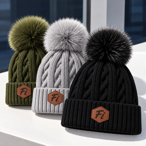 ODM Knit Pom Pom Beanie Custom Embroidered Patch logo Design Warm Winter Cuffed Beanie Casual Acrylic Bobble Hat Cap for Adults - Product Image 4