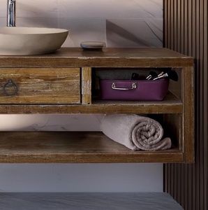 Mueble de Baño Rústico de Madera Maciza con Estante Abierto, Diseño de un Solo Cajón y Acabado Natural para Baño Moderno - Product Image 3