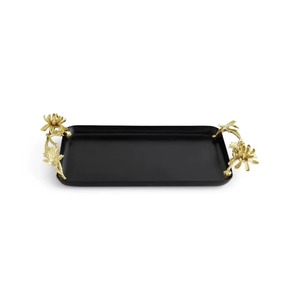 Luxurious Rectangular <b>Black</b> <b>Decorative</b> <b>Tray</b> with Gold Floral Handles Contemporary Design Single-Piece Package - Product Image 1