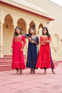 Red Blue Embroidered Casual Wear India Pakistan Style Women Party Wear Designer <b>Kurti</b> Collection Rayon Kutchi Gamthi Work <b>Kurti</b> - Product Image 1