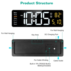 15.7in orologio da parete con telecomando digitale a LED 10 livelli di luminosità 3 impostazioni di allarme Calendario della temperatura di temporizzazione in formato 12-24 ore - Product Image 6
