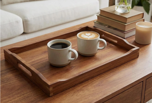 Plateau de service rectangulaire moderne en bois avec poignées, plateau de table basse décoratif, organisateur pour salon, table à thé, table à manger - Product Image 6
