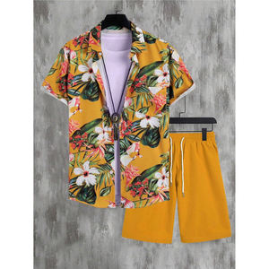 Chemise boutonnée à manches courtes pour hommes, motif floral tropical jaune, short assorti, ensemble 2 pièces, tenue de plage hawaïenne décontractée - Product Image 4