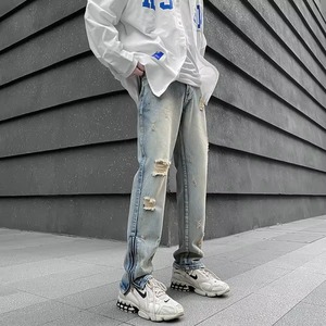 Jeans Rotos de Moda Urbana, Estilo Vintage, Corte Holgado, Color Denim Claro, con Cierre Lateral, Ecológicos, para Hombre - Product Image 6