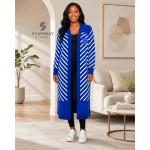 เสื้อคลุมคาร์ดิแกนยาวสำหรับผู้หญิง Zeta Phi Beta สีน้ำเงินขาวลายทาง ปลายแขนเสื้อแบบริบ มีลายปัก พร้อมช่องด้านข้าง - Product Image 6