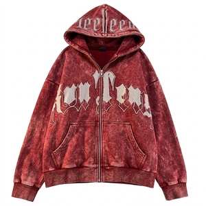 Sweat à capuche tendance style streetwear délavé à l'acide, imprimé graphique, coupe oversize premium avec patch en chenille - Product Image 1