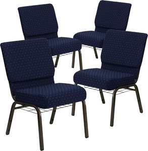Chaise <span class=keywords><strong>d</strong></span>'église en tissu bleu marine à pois avec porte-livre et structure dorée veinée - Product Image 2