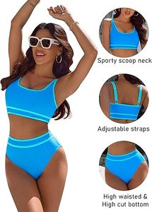 Conjunto de bikini azul liso para mujer, top bandeau de cintura alta con ribete en contraste, traje de baño elástico de dos piezas, ajuste regular - Product Image 5