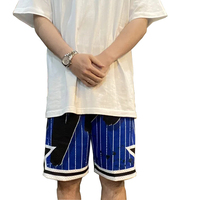 Shorts de basketball en satin personnalisés avec logo, style streetwear hip-hop, pour hommes, bleu et blanc, respirants, taille élastique, 100 % polyester, vente en gros