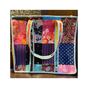 Bolsos de mano de algodón con estampado de bloques Bolso acolchado de algodón con estampado de bloques de mano indio Bolso de playa - Product Image 3