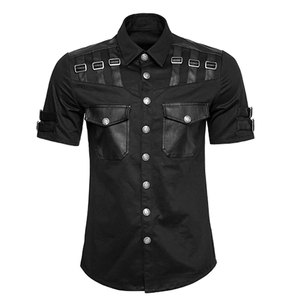 Men's Handmade Gothic Black Short Sleeve <b>Shirt</b> PU Leather <b>Patchwork</b> Pockets Rock Metal Streetwear Tops - Product Image 3