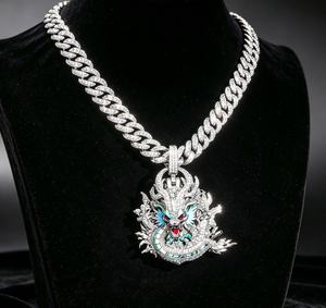 Silver Dragon Pendant Necklace Micro Insert Diamond Inlay Hip Hop Charm Link Chain Unisex Daily Wear - Product Image 1