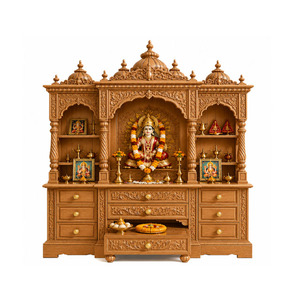 Royal Hand-Carved Teak Wood Home <b>Mandir</b> Design Big Size Floor Standing Hindu Home Temple Cabinet with Storage Drawers Puja Unit - Product Image 1