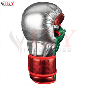 ถุงมือ MMA สำหรับฝึกซ้อมและต่อสู้ แบบเปิดฝ่ามือ ทำจากหนังสังเคราะห์สีเงิน แดง และเขียว พร้อมโลโก้สั่งทำขายส่ง - Product Image 2