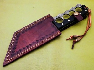 Cuchillo Bowie de Acero de Damasco con Hoja Serrada de Punta Clip y Mango de Asta Natural con Funda de Cuero OEM - Product Image 6