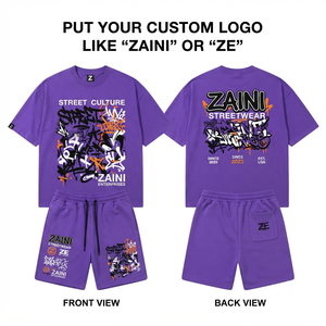 Ensemble T-shirt et short en coton French Terry 280 GSM pour homme, violet, surdimensionné, avec impression DTF personnalisée et broderie du logo - Product Image 1