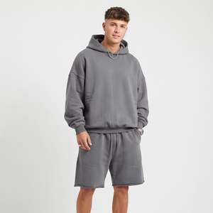 Conjunto de Sudadera con Capucha y Pantalones Cortos Holgados para Hombre, 100% Algodón, Felpa Gruesa, Cintura con Cordón Ajustable, Largo hasta la Rodilla, Talla Grande - Product Image 1