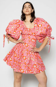 Vestido Midi Rosa con Estampado Floral y Mangas Abullonadas para Mujer, Cuello Redondo, Estilo Bohemio, Casual de Verano, Línea A, para Fiesta, Cintura Natural, Lavable - Product Image 4
