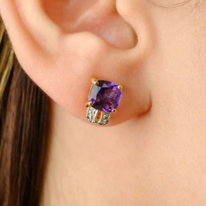 14K Solid Gold Cushion Cut Amethyst Diamond Stud Earrings - Product Image 1
