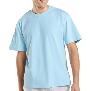 T-shirt en tricot bleu surdimensionné pour homme, uni, minimaliste, décontracté, de qualité supérieure, doux, 100% coton, col rond, pour l'été - Product Image 5