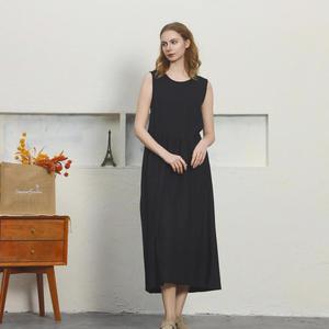 Premium Black O-Neck Sleeveless Linen Cotton Midi <b>Dress</b> <b>Loose</b> Fit Casual Summer <b>Dress</b> With Pockets - Product Image 4