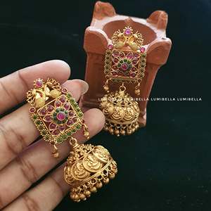 Lord Ganesh Embellished Pearl and Ruby Drop Jhumka Earrings - Product Image 3