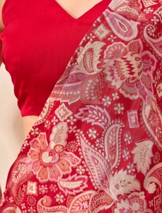 KV Women's <b>Red</b> Satin Plain Bollywood Style <b>Saree</b> With Unstitched Blouse - Product Image 2