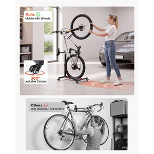 Support de vélo autoportant en acier au carbone, lot de 2, pour rangement vertical et horizontal, roulettes verrouillables, hauteur réglable pour vélo - Product Image 4