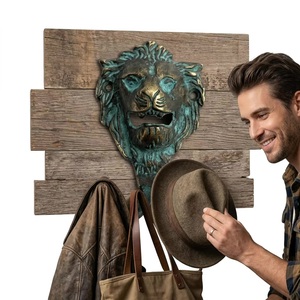 Crochet mural tête de lion Ba, 2 crochets, en fonte, design animal vintage, fait main, réglable, étanche, finition laiton bleu vieilli - Product Image 3