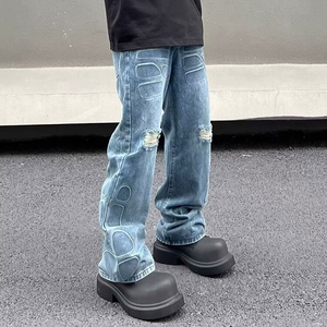 Jeans de mezclilla de pierna ancha para hombre, de cintura alta, estilo streetwear, con bolsillos 3D, de algodón, corte holgado, lavado desgastado, tendencia top 2026, para otoño - Product Image 3