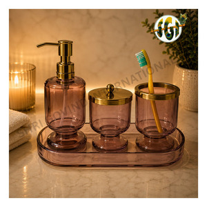 Luxury Glass <b>Bathroom</b> <b>Accessories</b> <b>Set</b> with Gold Finish Soap Dispenser, Toothbrush Holder, Storage Jar & Decorative Tray - Product Image 1