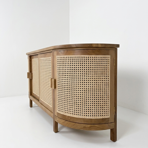 Aparador de Madera de Teca con Mimbre, Mueble de Almacenamiento de 4 Puertas, Aparador con Puerta Corredera para Sala de Estar Moderna, Cómoda Ovalada Curva - Product Image 5