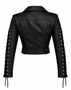 Veste moto en cuir PU noir pour homme avec manches à lacets, fermeture éclair, col rabattu, coupe ajustée, pour l'automne et l'hiver - Product Image 2