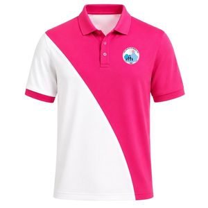 Polo rose vif à empiècements croisés blancs, manches courtes, col, haut décontracté, uniforme, couleur contrastante, broderie personnalisée, vêtement de sport - Product Image 1