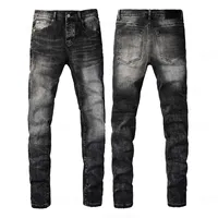 Jean en denim extensible tissé délavé de qualité supérieure pour homme, style motard, avec broderie, idéal hiver/printemps