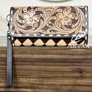 Handcrafted Genuine Cowhide Leather Wristlet <b>Wallet</b> Clutch Floral Tooled Woven Design Purse with Zipper and <b>Card</b> Slots for <b>Women</b> - Product Image 1