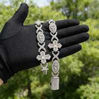 Bracelet à maillons de luxe Hip Hop en argent sterling 925, entièrement serti de moissanite VVS taille ronde et taille baguette, motif croix