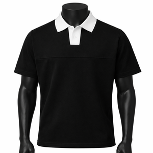 Men's Black Short Sleeve Polo Shirt With White Collar Knitted Cotton Casual Breathable Solid Design Regular Fit - Product Image 1